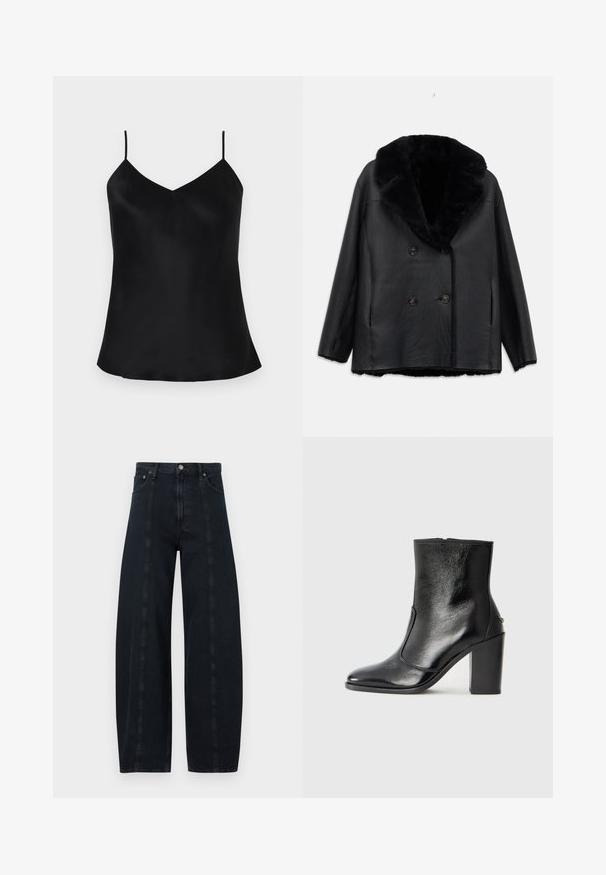Mustast nahast topeltnuppudega mantel, millel on karvane krae, tekstureeritud pind, kaks eesmist taskut ja mustad nupud.; Must värvi satiinist kampsun, millel on reguleeritavad õhukesed rihmad, V-kujuline kaelus ja sile, voogav istuvus. Äärised kaarduvad õrnalt külgede suunas.; Laiad tumesinised teksad kõrge vöökohtaga, kontrastsete õmblustega ja klassikalise viie tasku stiiliga. Sile pind, ei mingeid nähtavaid mustreid.; Must kõvale nahast pahklipsu saapad, millel on sile tekstuur, terav varvas ja paks kõrge kann. Omab külgavatust ja minimalistlikku disaini.