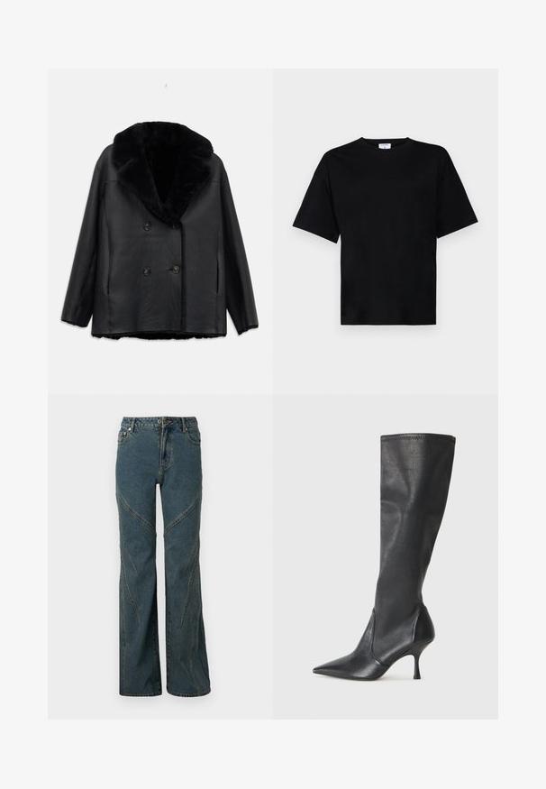 Črni usnjeni plašč z dvojnim zapenjanjem in krznom na ovratniku, ima teksturo, dve sprednji žepsi ter črne gumbe.; Črna majica s kratkimi rokavi, sproščenega kroja, narejena iz mehkega materiala, z okroglim izrezom in brez vidnih vzorcev ali okraskov.; Modre jeans hlače širokega kroja, z ukrivljenimi šivi in standardnim pet-pocket stilom. Ne zaključeni rob na dnu.; Črne usnjene škornje do kolen s koničastim nosom in ozkim stiletto peto. Gladka tekstura z oblikovanim dizajnom in šivi na zgornjem robu.