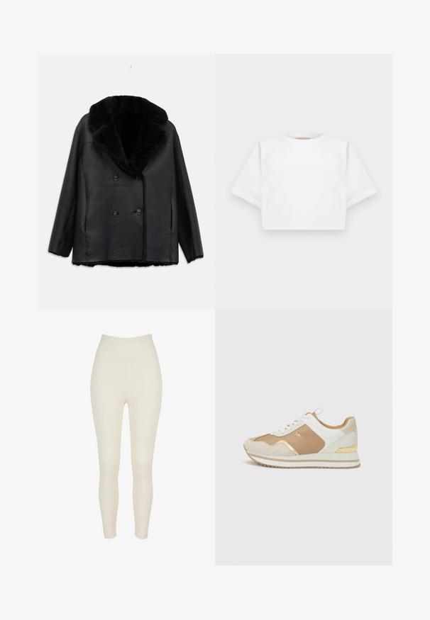 Palton din piele neagră cu două rânduri de nasturi, având guler din blană, cu un finisaj texturat, două buzunare frontale și nasturi negri.; Tricou alb scurt dintr-un material moale, cu mâneci scurte, decolteu rotund și detalii ribbrate la margine. Design simplu și fără embellishments.; Urban Classics Leggings - Pantaloni - whitesand; Adidași albi și bej cu accente aurii, din țesătură texturată și piele netedă. Prezintă o talpă groasă și un sistem de închidere cu șireturi.