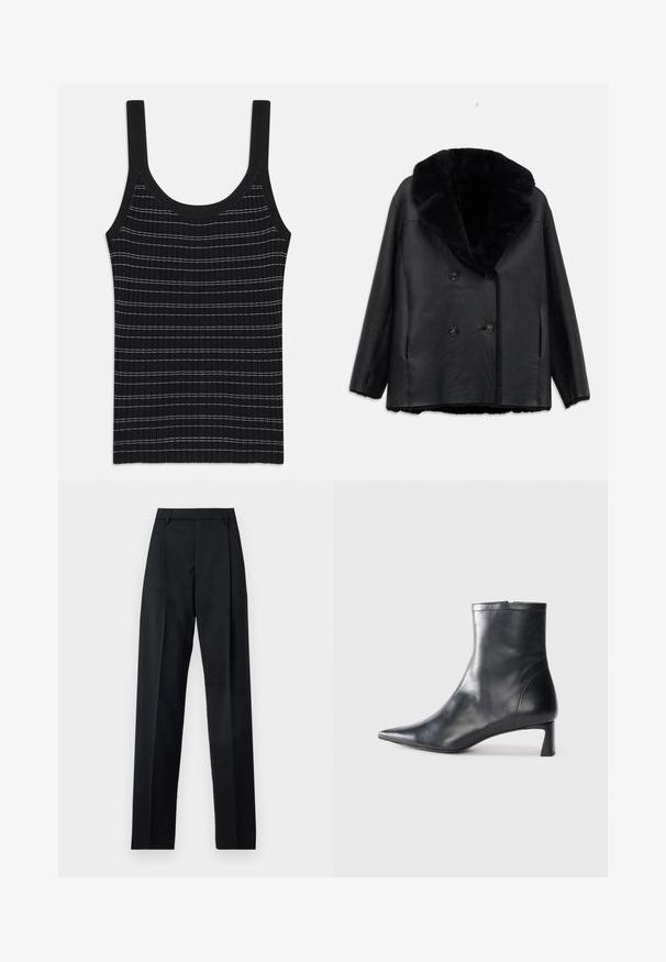 Black leather double-breasted coat with a fur collar, featuring a textured finish, two front pockets, and black buttons.; Black ribbed tank top with thin white stripes, featuring a round neckline and wide shoulder straps. Smooth texture, fitted design.; Black trousers made from smooth fabric featuring a high waist, wide legs, front pleats, and classic belt loops. No side pockets visible.; Black leather ankle boot with a pointed toe and a sleek design. Features a low heel and a zipper closure at the back. Smooth texture.
