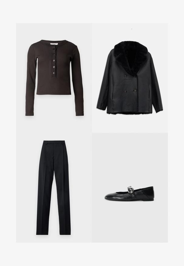 Black leather double-breasted coat with a fur collar, featuring a textured finish, two front pockets, and black buttons.; Dark brown long-sleeve shirt with a ribbed texture, round neckline, and six front buttons. The fit is cropped and slightly fitted.; Black trousers made from smooth fabric featuring a high waist, wide legs, front pleats, and classic belt loops. No side pockets visible.; Black leather ballet flats with a pointed toe, featuring a strap with a circular metallic buckle and a flat sole.