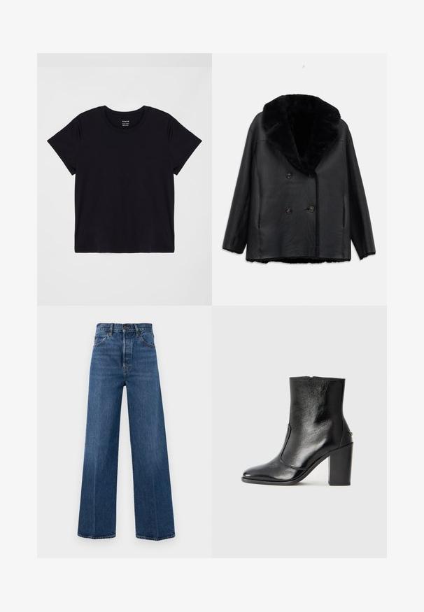 Schwarzer, doppelt knöpfliger Mantel aus Leder mit einem Pelzkragen, mit einer strukturierten Oberfläche, zwei vorderen Taschen und schwarzen Knöpfen.; Schwarzes Kurzarm-T-Shirt aus weicher Baumwolle. Klassisches Rundhalsausschnitt-Design mit einer einfachen, ungeschmückten Oberfläche und einem lockeren Schnitt.; Helleblauwe High-Waist-Jeans mit weitem Bein aus Denim, mit Vordertaschen und Kontrastnähten. Der Stoff hat eine glatte Textur.; Schwarze Leder-Stiefelette mit glatter Textur, spitzem Fuß und klobigem hohen Absatz. Verfügt über eine seitliche Öffnung und ein minimalistisches Design.