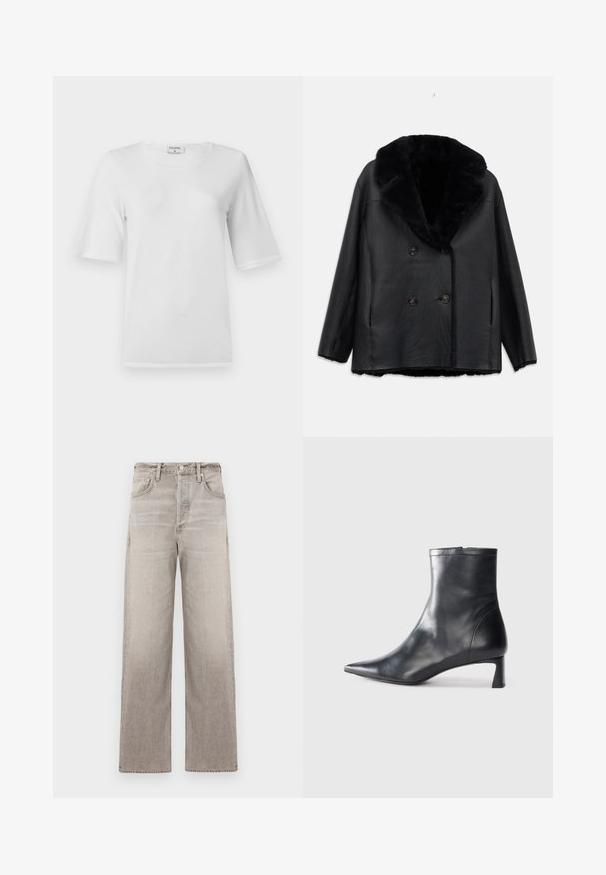 Fekete bőr, dupla soros kabát, prém gallérral, texturált felülettel, két elülső zsebbel és fekete gombokkal.; Fehér póló rövid ujjakkal és kerek nyakkal. Puha pamut anyagból készült. Tiszta dizájnnal rendelkezik, látható minták vagy díszítések nélkül.; Széles szárú farmernadrág világosszürke denimből, elhalványult textúrával, öt zsebbel, elöl gombos záródással és övhurkokkal.; Fekete bőr bokacsizma hegyes orral és letisztult dizájnnal. Alacsony sarka és hátsó cipzáras záródása van. Simának tűnő textúra.