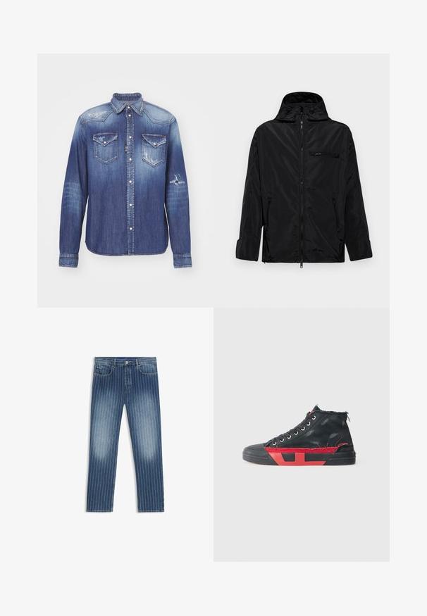 Zwarte waterdichte jas met een capuchon, ritssluiting aan de voorkant en twee zijzakken. Heeft een kleine ritszak op de borst en een gladde textuur.; Blauwe denim shirt met puntkraag, lange mouwen, twee borstzakken, verouderde details en drukknoopsluiting. Vervaagde afwerking overal.; Denim jeans met een streepjespatroon, middelblauwe kleur, vervaagde delen, rechte pijpen, vijf zakken en een metalen knoopsluiting.; Zwarte hoge sneakers met rode accenten en een versleten afwerking. Heeft een gestructureerde canvas bovenkant en een rubberen zool met uitsnijdingen.
