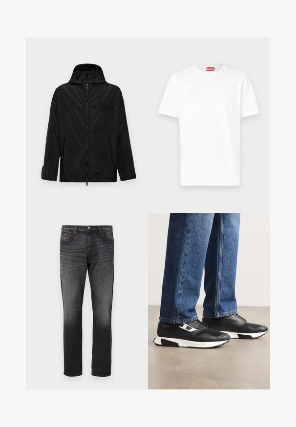 Svart vanntett jakke med hette, glidelås foran og to sidelommer. Har en liten glidelåslomme på brystet og en glatt tekstur.; Hvit t-skjorte med korte ermer og rund hals, med preget ovalt logo på brystet og rød Diesel-merkelapp på innsiden av kragen.; Sorte jeans med rett ben, fem lommer, subtil fading og en liten rød stoffetikett på framlommen.; Svart idrettssko med strukturett skinn og mesh-overdel, med hvit mellomsåle og sideakenter. Brukt med blå denimjeans.
