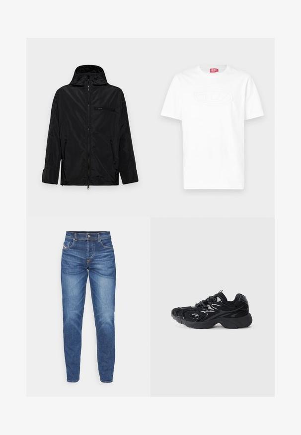 Melnas ūdensnecaurlaidīgas jakas ar kapuci, rāvējslēdzēju priekšpuses daļā un divām sānu kabatām. Iekļauj nelielu rāvējslēdzēja krūšu kabatu un gludu tekstūru.; Balta īsroku T-krekls ar apaļu iegravētu logotipu krūtīs un sarkanu Diesel zīmola etiķeti apkakles iekšpusē.; Gai zili zilo džinsu bikses ar šauru piegulšanu, piecām kabatām, smalku izbalināšanu uz augšstilbiem un kontrastējošiem oranžiem šuvju elementiem.; Melna sporta apavi ar sieta materiālu un sintētiskajiem akcentiem, noapaļota purngalu forma, teksturēta zole un kontrastējošas spīdīgas detaļas augšdaļā.