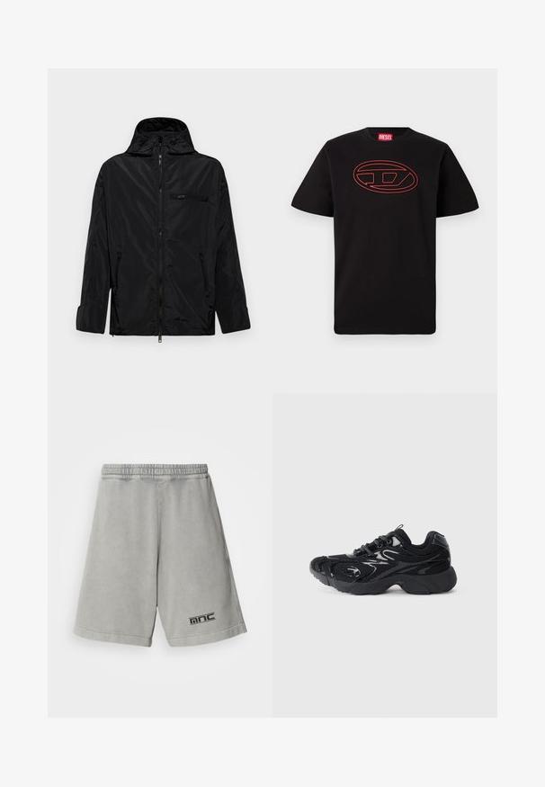 Schwarze wasserdichte Jacke mit Kapuze, Reißverschluss vorne und zwei Seitentaschen. Besitzt eine kleine Reißverschlusstasche auf der Brust und hat eine glatte Oberfläche.; Schwarzes Baumwoll-T-Shirt mit kurzen Ärmeln, ausgestattet mit einem rot umrandeten ovalen Logo auf der Brust. Mit Rundhalsausschnitt.; Hellgraue Baumwollshorts mit einem elastischen Bund, ausgestattet mit einem schwarzen Logo auf der unteren linken Seite und einer glatten, einfarbigen Textur.; Schwarzer Sportschuh aus Mesh-Material mit synthetischen Akzenten, runder Zehenpartie, strukturiertem Profil und kontrastierenden glänzenden Details im Obermaterial.
