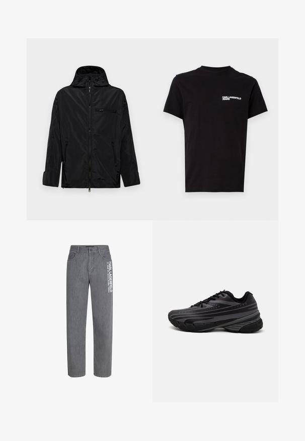 Musta vedenpitävä takki hupulla, vetoketjullinen etuosa ja kaksi sivutaskua. Omistaa pienen vetoketjullisen rintataskun ja sileän pinnan.; Musta t-paita, joka on valmistettu puuvillasta, ja siinä on pyöreä kaula-aukko sekä lyhyet hihat. Huomionarvoinen valkoinen logoteksti vasemmassa rinnassa. Yksinkertainen muotoilu.; Harmaat farkut suoran istuvuuden, viiden taskun muotoilun ja valkoisen tekstin kanssa vasemmassa lahkeessa. Pehmeä rakenne klassisella vyötäröllä ja ompeleilla.; Mustat juoksukengät, joissa on tekstuuri päällä ja harmaat raidat. Paksu pohja pehmustetta varten, pyöreä varvasosa ja tasaiset nauhat turvallista istuvuutta varten.