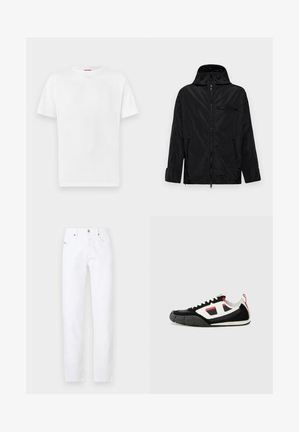 Casaco impermeável preto com capuz, frente com fecho éclair e dois bolsos laterais. Apresenta um pequeno bolso no peito com fecho éclair e uma textura suave.; T-shirt de algodão branco com mangas curtas, gola redonda e um pequeno detalhe de logotipo no centro do peitilho. Textura suave.; Jeans de ganga brancos com um corte de perna reta, apresentando um design clássico de cinco bolsos e fecho de botão metálico. Estilo minimalista sem padrões.; Diesel S PAGODHA LOW - Sapatilhas - black