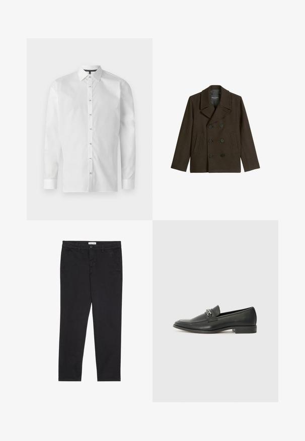 Brauner Wollpeacoat mit doppelt geknöpftem Verschluss, großem Reverskragen, zwei Fronttaschen und glattem Innenfutter.; Weißes Langarmhemd aus glattem Stoff mit klassischem Kragen, durchgehender Knopfleiste und geknöpften Manschetten. Dunkel gemusterter Innenkragen.; Schwarze Baumwollhose im Slim-Fit-Stil mit zwei seitlichen Taschen und einem vorderen Knopfverschluss. Strukturierter Stoff mit subtilen Details.; Schwarzer Lederloafer mit glatter Oberfläche, ausgestattet mit einer gesteppten Gestaltung und einem dekorativen Metallkettendetail über dem Vorderblatt. Flacher Absatz.