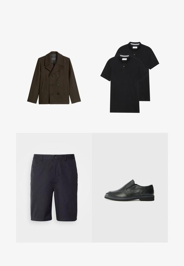 Brązowy wełniany płaszcz typu peacoat z podwójnym zapięciem na guziki, dużym wyciętym kołnierzem, dwiema przednimi kieszeniami i gładkim podszewką.; Dwie czarne koszulki polo z krótkim rękawem, wykonane z materiału bawełnianego, z klasycznym kołnierzykiem, z zapięciem na dwa guziki oraz białymi paskami wewnątrz kołnierza.; Granatowe szorty wykonane z lekkiej bawełny, z zapięciem na guzik, szlufkami na pasek oraz prostym krojem powyżej kolana.; Czarne skórzane buty wsuwane z gładką cholewką, przeszyciami, okrągłym noskiem i niskim gumowym obcasem. Podeszwa ma minimalny bieżnik.