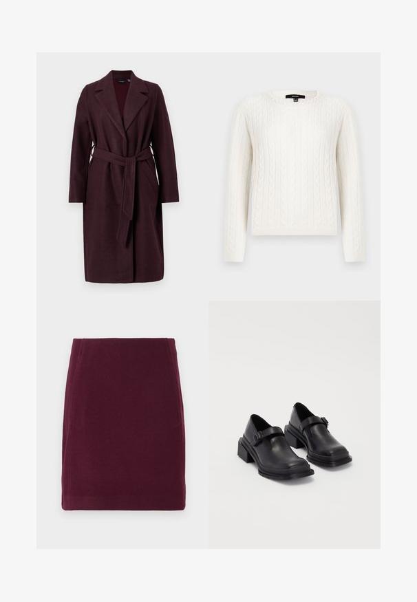 Bordowy wełniany płaszcz z kołnierzem szalowym, długimi rękawami i pasującym paskiem z materiału. Posiada boczne kieszenie i zapięcie na jeden guzik.; Biały sweter z splotem w warkocze, z długimi rękawami, okrągłym dekoltem i ozdobnym akcentem z pereł w okolicy kołnierza. Miękka tekstura i dopasowany krój.; Vero Moda VMFORTUNALLISON bordowy; Czarna skórzana obuwie z zaokrąglonym czubkiem, płaską podeszwą i paskiem z klamrą. Grubszy blokowy obcas dla dodatkowej stabilności.