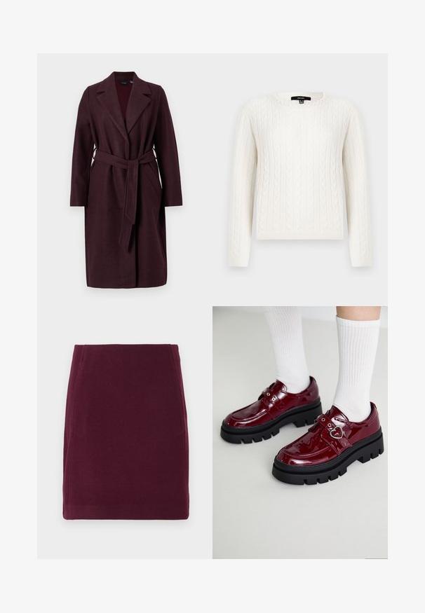 Burgundy wool coat with a shawl collar, long sleeves, and a matching fabric belt. Features side pockets and a single-button closure.; White cable-knit sweater featuring long sleeves, a round neckline, and a decorative pearl accent at the collar. Soft texture and fitted design.; Vero Moda VMFORTUNALLISON SHORT - A-line skirt - winetasting; Maroon patent leather shoes with a chunky black sole, double strap with heart detail, and ribbed white socks. Retro design with thick traction.