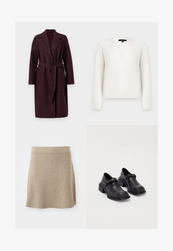 Palton din lână burgund cu guler de tip șal, mâneci lungi și o curea din același material. Include buzunare laterale și un sistem de închidere cu un singur nasture.; Pulover alb din tricot cu model de cable, cu mâneci lungi, guler rotund și un detaliu decorativ cu perlă la guler. Textură moale și design strâns.; Fustă bej dintr-un material moale, cu un design în formă de A, care are o textură subtilă și o margine dreaptă. Culoare solidă, fără modele sau accente vizibile.; Pantofi din piele neagră cu vârf rotunjit, talpă plată și o curea cu detaliu de cataramă. Toc gros pentru o stabilitate suplimentară.