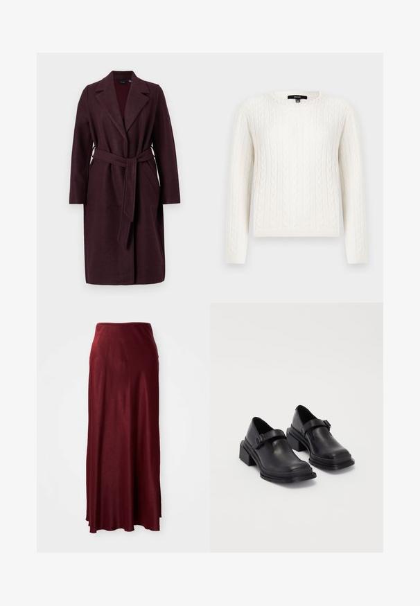 Burgundy wool coat with a shawl collar, long sleeves, and a matching fabric belt. Features side pockets and a single-button closure.; White cable-knit sweater featuring long sleeves, a round neckline, and a decorative pearl accent at the collar. Soft texture and fitted design.; Burgundy, long maxi skirt made of smooth, lightweight material with a slight sheen. Features a fitted waistband and flowing design.; Black leather shoes with a rounded toe, flat sole, and a strap with a buckle detail. Chunky block heel for added stability.
