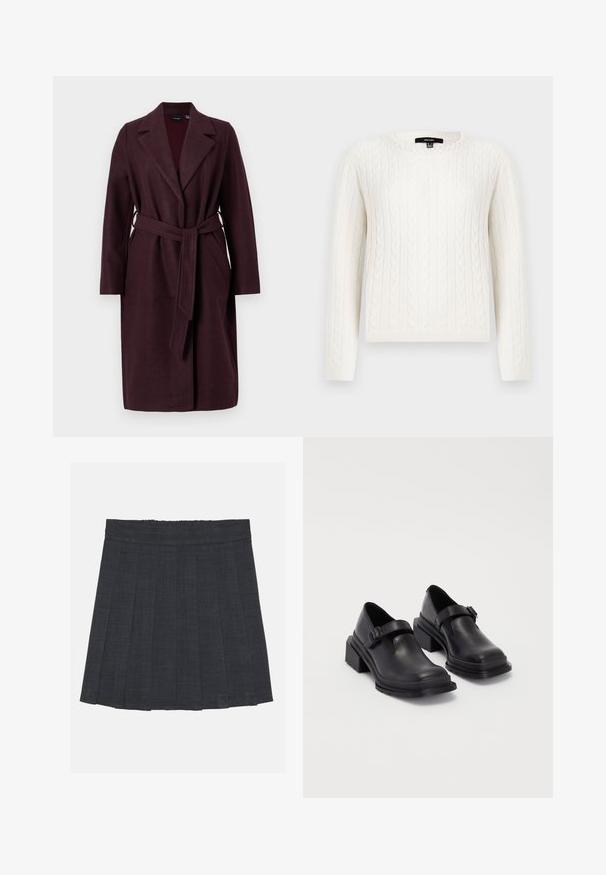 Burgunderfarbener Wollmantel mit Schalkragen, langen Ärmeln und passendem Stoffgurt. Verfügt über seitliche Taschen und einen Ein-Knopf-Verschluss.; Weißer Strickpullover mit Kabelmuster, langen Ärmeln, rundem Halsausschnitt und einem dekorativen Perlenakzent am Kragen. Weicher Stoff und taillierte Passform.; Dunkelgrauer, plissierter Rock mit elastischem Bund, aus einem strukturierten Stoff und in klassischer A-Linie. Geeignet für die Freizeit.; Schwarze Lederhalbschuhe mit runder Zehenpartie, flacher Sohle und einem Riemen mit Schnallen-Detail. Robuster Blockabsatz für zusätzliche Stabilität.