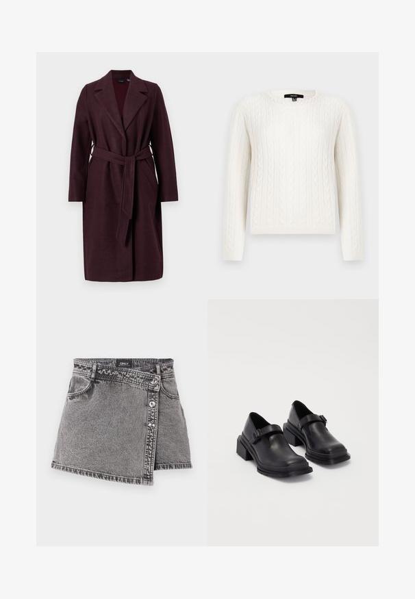 Burgundijas krāsas vilnas mētelis ar šaulu apkakli, garām piedurknēm un atbilstošu auduma jostu. Iespējas ar sānu kabatām un vienas pogas aizdari.; Balts adīts džemperis ar garām piedurknēm, apaļu kaklu un dekoratīvu pērļu akcentu pie apkakles. Mīksta tekstūra un pieguloša fasona.; Pelēka denima mini svārki ar asimetrisku griezumu, ar sudraba pogu akcentiem un priekšējo kabatu detaļu. Gluda tekstūra un ikdienišķs dizains.; Melnas ādas kurpes ar noapaļotu purngalu, plakanu zoli un siksniņu ar sprādzi. Masīvs bloku papēdis papildu stabilitātei.