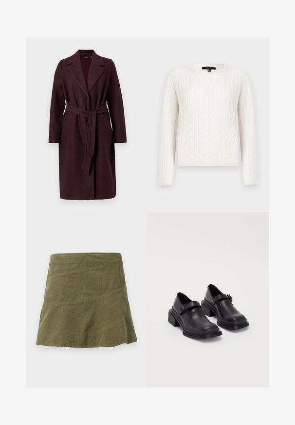 Burgunderfarvet uldfrakke med sjalkrave, lange ærmer og bælte i matchende stof. Har sidelommer og lukning med en enkelt knap.; Hvid kabelstrikket sweater med lange ærmer, rund halsudskæring og en dekorativ perleaccent ved kraven. Blød tekstur og tætsiddende design.; Olivenfarvet fløjlskørt med en svajet form, der har skrå sømme og en subtil tekstur. Mellemlangt design uden synlige lukninger.; Sorte lædersko med rund tå, flad sål og en rem med spænde detaljer. Chunky blokhæl for øget stabilitet.