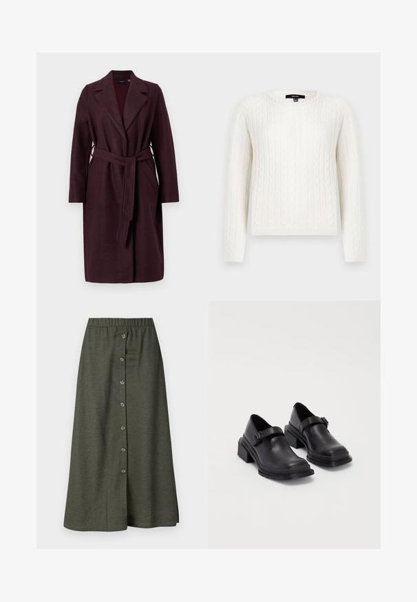 Burgundy wool coat with a shawl collar, long sleeves, and a matching fabric belt. Features side pockets and a single-button closure.; White cable-knit sweater featuring long sleeves, a round neckline, and a decorative pearl accent at the collar. Soft texture and fitted design.; Khaki midi skirt featuring a button-down front closure with eight buttons, elastic waistband, and smooth, lightweight fabric.; Black leather shoes with a rounded toe, flat sole, and a strap with a buckle detail. Chunky block heel for added stability.