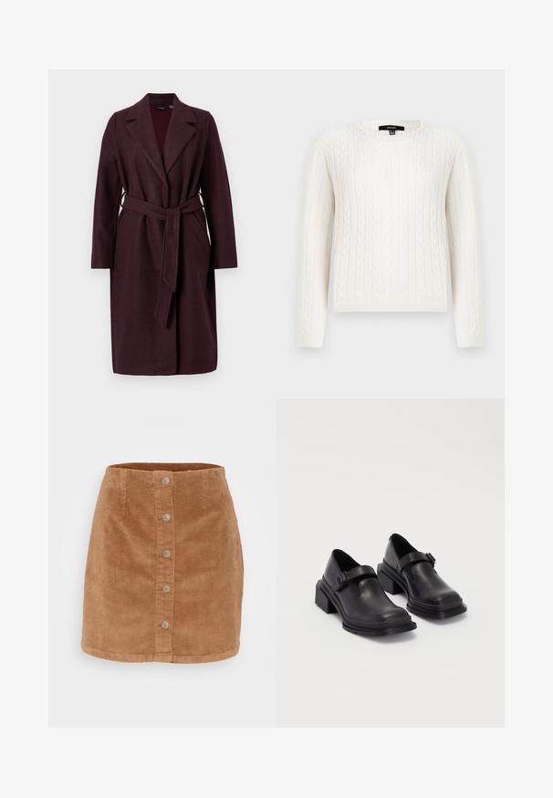 Bordo vuna kaput s revere ovratnikom, dugim rukavima i pasom od istog materijala. Ima bočne džepove i zatvaranje na jedan gumb.; Bijela pletiva s uzorkom, dugih rukava, okruglog izreza, s ukrasnim bisernim detaljem na ovratniku. Mekana tekstura i prilagođeni dizajn.; Mini suknja od kordura svijetlosmeđe boje s prednjim kopčanjem, sedam dugmadi srebrne boje i teksturiranim, rebrastim materijalom.; Crne kožne cipele s okruglim vrhom, ravnim đonom i remenom s detaljem kopče. Debeli blok peti za dodatnu stabilnost.