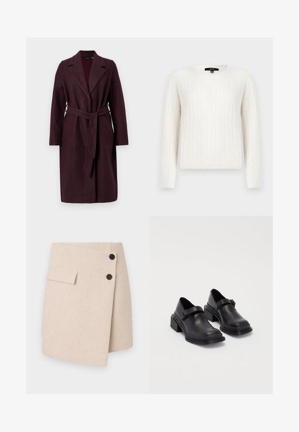 Bordo vuna kaput s revere ovratnikom, dugim rukavima i pasom od istog materijala. Ima bočne džepove i zatvaranje na jedan gumb.; Bijela pletiva s uzorkom, dugih rukava, okruglog izreza, s ukrasnim bisernim detaljem na ovratniku. Mekana tekstura i prilagođeni dizajn.; Bež suknja s omotom od teksturirane tkanine, s bočnom džepu, dva crna gumba i blago zakrivljenim rubom.; Crne kožne cipele s okruglim vrhom, ravnim đonom i remenom s detaljem kopče. Debeli blok peti za dodatnu stabilnost.