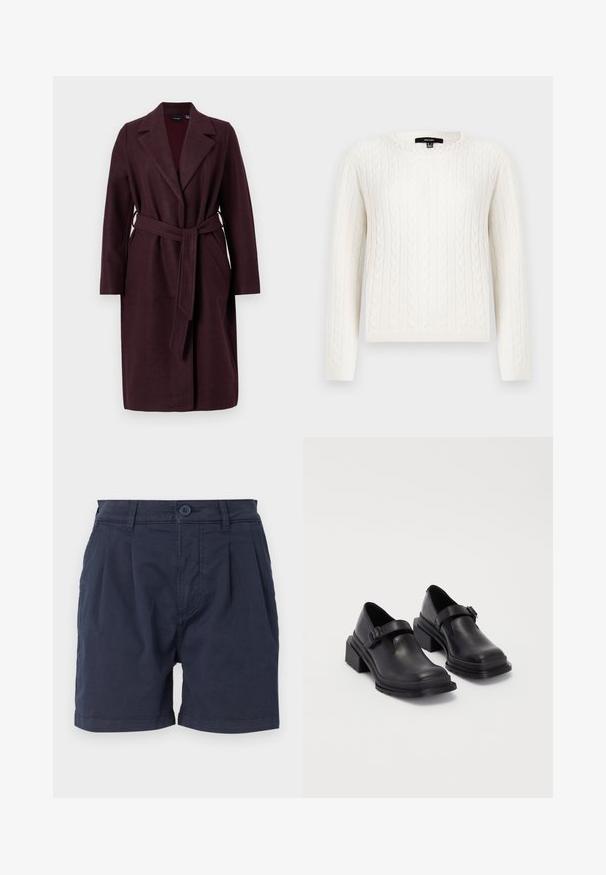 Burgundy wool coat with a shawl collar, long sleeves, and a matching fabric belt. Features side pockets and a single-button closure.; White cable-knit sweater featuring long sleeves, a round neckline, and a decorative pearl accent at the collar. Soft texture and fitted design.; Navy blue shorts made of woven fabric, featuring a front button closure, pleated design, and side pockets. Clean hem at the leg openings.; Black leather shoes with a rounded toe, flat sole, and a strap with a buckle detail. Chunky block heel for added stability.
