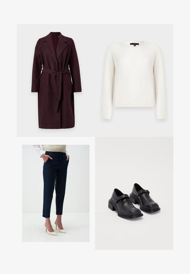 Bordeaux wollen jas met een sjaalkraag, lange mouwen en een bijpassende stoffen riem. Voorzien van zijzakken en een enkele knoopsluiting.; Witte kabelgebreide trui met lange mouwen, een ronde halslijn en een decoratieve parelaccent bij de kraag. Zachte textuur en aansluitend ontwerp.; Navy taillebroek gemaakt van katoen, met een slim fit, zijzakken en omgeslagen zoom, gecombineerd met crèmekleurige hoge hakken.; Zwarte leren schoenen met een ronde neus, platte zool en een band met een gespdetail. Stevige blokhak voor extra stabiliteit.