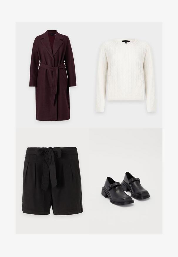 Burgunderfarget ullfrakk med sjalkrage, lange ermer og belte i samme stoff. Har sidelommer og enkel knappelukking.; Hvit kabelstrikket genser med lange ermer, rund hals, og dekorativ perleaccent ved kragen. Myk tekstur og tettsittende design.; Sorte bomullshorts med knytebelte i livet, folder foran og sidelommer. Glatt tekstur og uformelt design.; Sorte lærersko med rund tå, flat såle og en rem med spenne-detalj. Kraftig blokkhæl for bedre stabilitet.