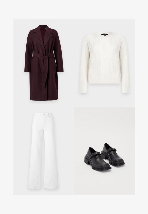 Casaco de lã burgundy com gola xale, mangas longas e um cinto de tecido correspondente. Apresenta bolsos laterais e um fecho de botão único.; Suéter branco em malha com trançado, apresentando mangas longas, decote redondo e um detalhe decorativo de pérola na gola. Textura suave e design ajustado.; Jeans brancos de perna larga em tecido denim com cintura alta, apresentando bolsos frontais, passantes para cinto e um fecho de botão. Textura lisa, sem padrões.; Sapatos de couro pretos com um bico redondo, sola plana e uma fita com detalhe de fivela. Salto bloco robusto para maior estabilidade.