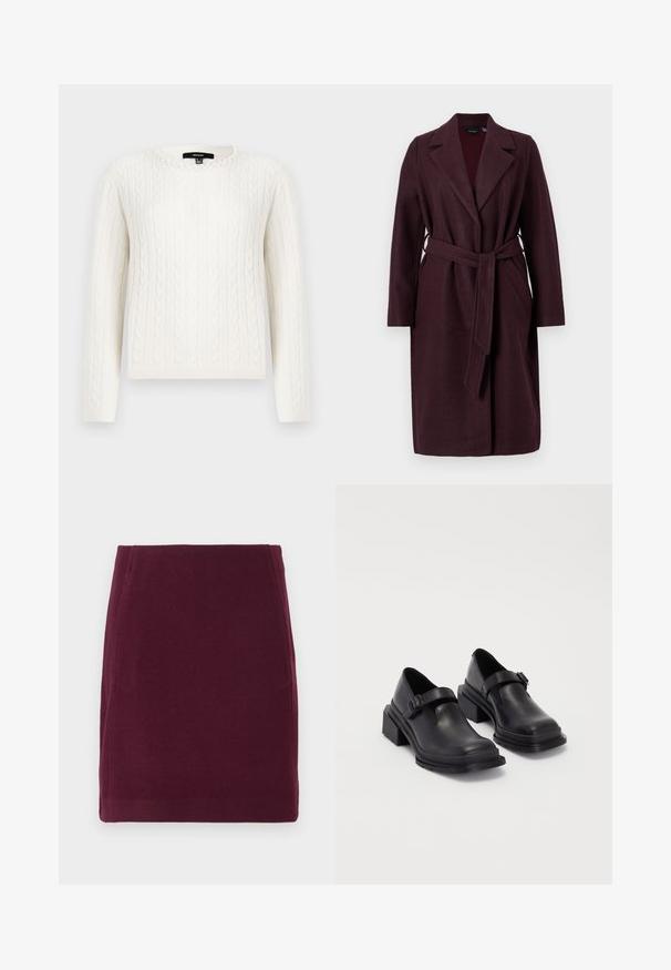 Vyno raudono vilnonis paltas su šaliu, ilgomis rankovėmis ir atitinkamo audinio diržu. Yra šoninės kišenės ir vieno mygtuko užsegimas.; Baltas pynėtas megztinis su ilgomis rankovėmis, apvaliu iškirpimu ir dekoratyvia perlų akcentu ant apykaklės. Minkšta tekstūra ir prigludęs dizainas.; Vero Moda VMFORTUNALLISON SHORT - Trapecinis sijonas - winetasting; Juodos odinės bateliai su apvaliu priekiu, plokščiu padu ir dirželiu su sagtimi. Didelis blokinis kulnas, užtikrinantis papildomą stabilumą.