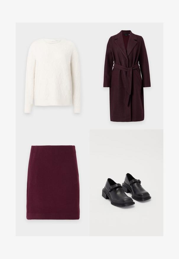 Burgundia villane jope, millel on kaelarätt, pikad varrukad ja sobivast kangast vöö. Omab küljetaskuid ja ühte nupuvajutust.; Kreem, kootud sviiter tekstuurse kaabelmustriga, ümmargune kaelus ja pikad varrukad. Pehme materjal, juhuslik sobivus, ühtlane värv.; Vero Moda VMFORTUNALLISON SHORT - A-lõikeline seelik - winetasting; Mustad mustad jalanõud ümmarguse varbaga, tasase tallaga ja kinnitusega rihmaga, millel on pandla detail. Suure plokknina, mis tagab lisastabiilsuse.