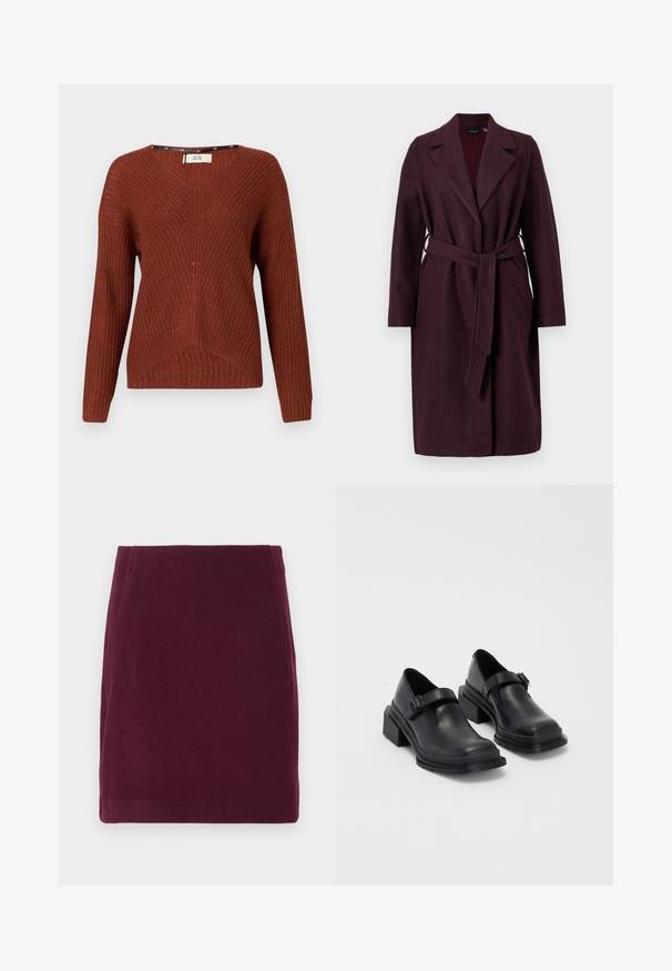 Burgundi villakangastakki, jossa on huivikaulus, pitkät hihat ja samaa kangasta oleva vyö. Sisältää sivutaskut ja yksittäisen napin kiinnityksen.; Ruskoinen neulottu neulepaita, jossa on V-pääntie, pitkät hihat ja teksturoitu kuvio. Sisältää hienovaraisen ribbikaavion ja rennon istuvuuden.; Vero Moda VMFORTUNALLISON SHORT - A-linjainen hame - winetasting; Mustat nahkakengät, joissa on pyöreä varvas, litteä pohja ja soljellinen hihna. Paksu lohkopohja lisää vakautta.