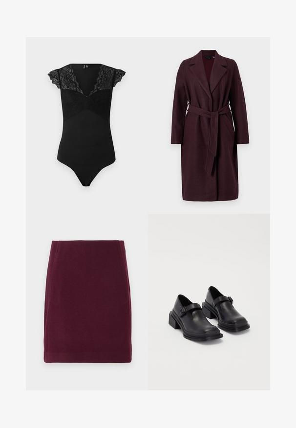 Burgundy wool coat with a shawl collar, long sleeves, and a matching fabric belt. Features side pockets and a single-button closure.; Black bodysuit with lace cap sleeves and a lace panel on the bodice. Smooth material in a fitted design with a V-neckline and a thong back.; Vero Moda VMFORTUNALLISON SHORT - A-line skirt - winetasting; Black leather shoes with a rounded toe, flat sole, and a strap with a buckle detail. Chunky block heel for added stability.