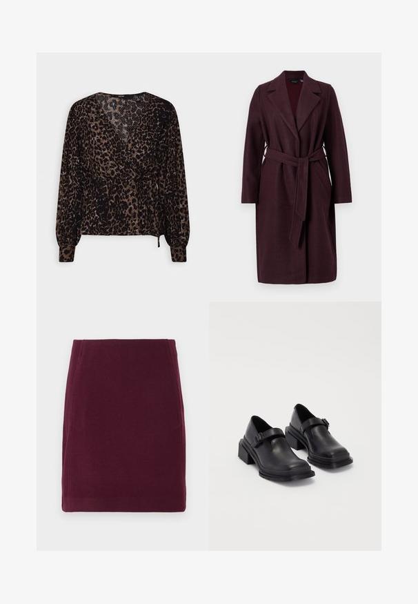 Cappotto di lana bordeaux con colletto a scialle, maniche lunghe e una cintura in tessuto coordinato. Presenta tasche laterali e chiusura con un bottone.; Blusa con stampa leopardata nera e marrone, con maniche lunghe, design avvolgente e una cintura in vita. Tessuto testurizzato con silhouette a peplum.; Vero Moda VMFORTUNALLISON SHORT - Gonna a campana - winetasting; Scarpe in pelle nera con punta arrotondata, suola piatta e una cintura con dettaglio fibbia. Tacco a blocco spesso per una maggiore stabilità.