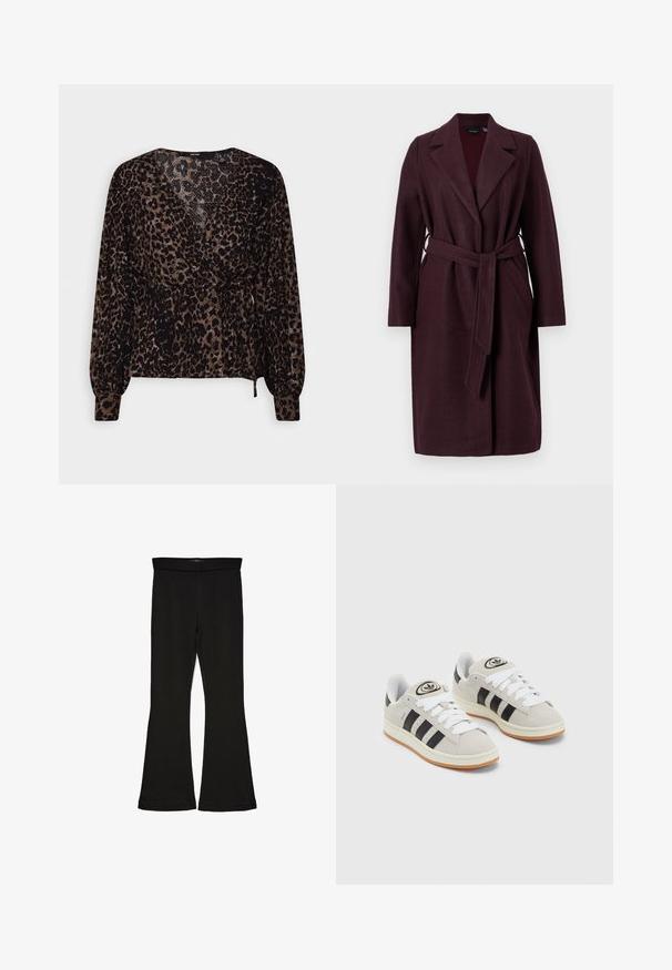Burgundijas krāsas vilnas mētelis ar šaulu apkakli, garām piedurknēm un atbilstošu auduma jostu. Iespējas ar sānu kabatām un vienas pogas aizdari.; Melna un brūna leopardu raksta blūze ar garām piedurknēm, iesiets dizains un saite jostasvietā. Tekstūrēta auduma ar pepluma siluetu.; Melnas flared leggings, kas izgatavotas no stiepjama auduma. Iezīmējas ar platu jostasvietu un gludu tekstūru, ar pieguļošu siluetu, kas paplašinās pie apakšmalas.; Pelēkas zamšādas kedas ar baltām saites, melnām svītrām un baltu gumijas zoli. Raksturīga apļa logo uz mēles un gumijas zole.