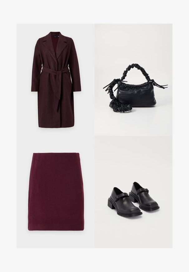 Cappotto di lana bordeaux con colletto a scialle, maniche lunghe e una cintura in tessuto coordinato. Presenta tasche laterali e chiusura con un bottone.; Maglietta nera a maniche lunghe, aderente, con scollatura quadrata, etichettata GAP, esposta su uno sfondo bianco.; Vero Moda VMFORTUNALLISON SHORT - Gonna a campana - winetasting; Scarpe in pelle nera con punta arrotondata, suola piatta e una cintura con dettaglio fibbia. Tacco a blocco spesso per una maggiore stabilità.; Borsa a tracolla in ecopelle nera con texture a coccodrillo, apertura cinchata e tracolla arricciata. Si presenta con un design morbido e compatto.