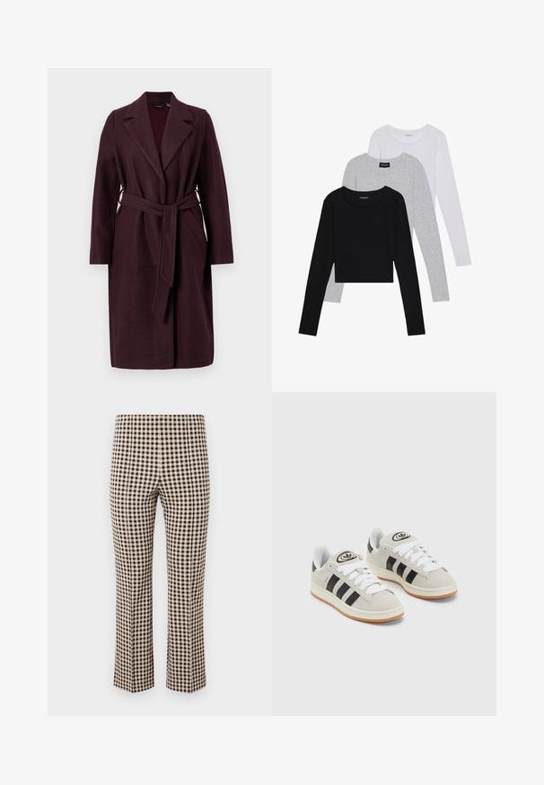 Manteau en laine bourgogne avec un col châle, des manches longues et une ceinture en tissu assorti. Il dispose de poches latérales et d'une fermeture à un bouton.; Trois hauts à manches longues empilés : noir, gris et blanc. Chacun a un col rond et un design court avec un tissu lisse et léger.; Pantalons à carreaux noir et crème avec une coupe droite, présentant une texture de tissu lisse et une taille haute.; Baskets en suède gris avec des lacets blancs, des rayures noires et une semelle en caoutchouc blanc. Présentent un logo circulaire sur la languette et une semelle en gomme.