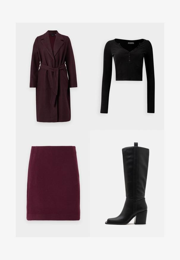 Abrigo de lana burdeos con cuello chal, mangas largas y un cinturón de tela a juego. Presenta bolsillos laterales y un cierre de botón único.; Top negro corto de manga larga hecho de tela acanalada, con un escote en forma de V y una hilera de tres botones en la parte delantera.; Vero Moda VMFORTUNALLISON SHORT - Falda acampanada - winetasting; Botas de cuero negras hasta la rodilla con punta cuadrada, tacón cónico y un detalle de costura vertical a lo largo del eje exterior. Textura suave.