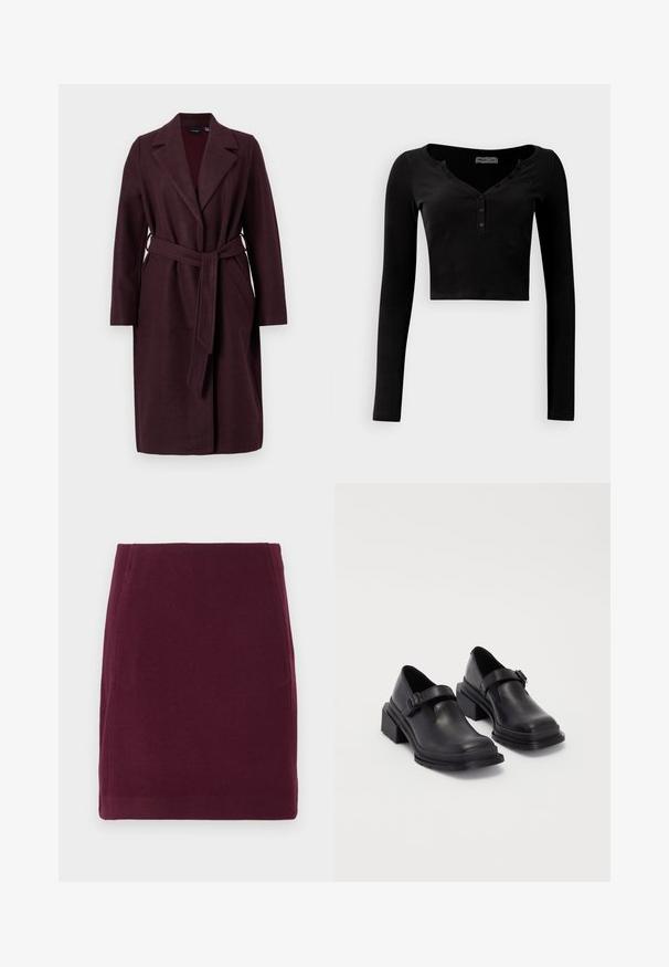 Burgunderfarbener Wollmantel mit Schalkragen, langen Ärmeln und passendem Stoffgurt. Verfügt über seitliche Taschen und einen Ein-Knopf-Verschluss.; Schwarzes, tailliertes Langarmtop aus Rippstoff mit V-Ausschnitt und einer dreiknöpfigen Knopfleiste auf der Vorderseite.; Vero Moda VMFORTUNALLISON SHORT - A-Linien-Rock - winetasting; Schwarze Lederhalbschuhe mit runder Zehenpartie, flacher Sohle und einem Riemen mit Schnallen-Detail. Robuster Blockabsatz für zusätzliche Stabilität.