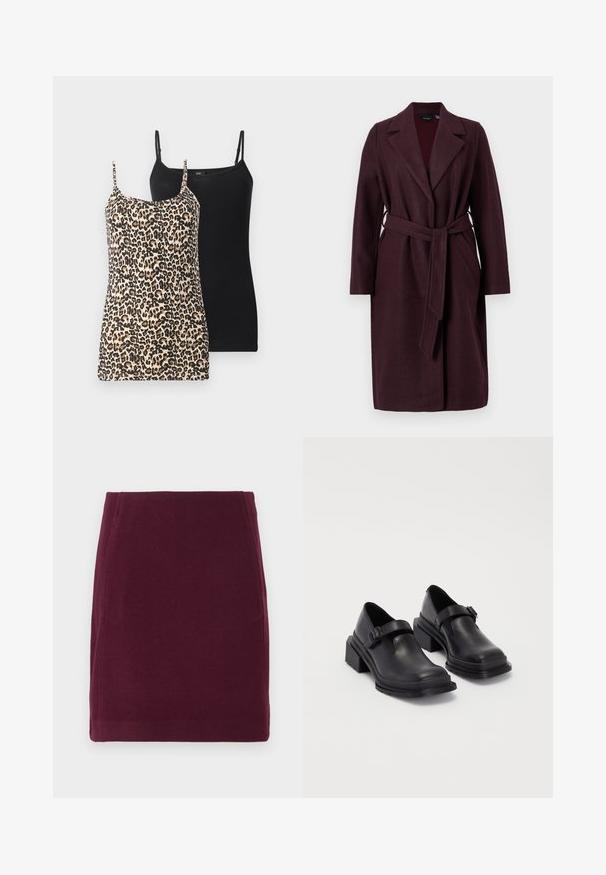 Casaco de lã burgundy com gola xale, mangas longas e um cinto de tecido correspondente. Apresenta bolsos laterais e um fecho de botão único.; Dois tops: um com padrão de leopardo em bege e preto, o outro em preto sólido. Ambos apresentam alças finas ajustáveis e um design justo.; Vero Moda VMFORTUNALLISON SHORT - Saia evasé - winetasting; Sapatos de couro pretos com um bico redondo, sola plana e uma fita com detalhe de fivela. Salto bloco robusto para maior estabilidade.