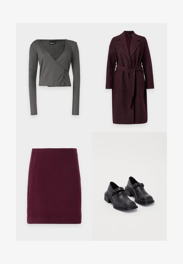 Burgundy wool coat with a shawl collar, long sleeves, and a matching fabric belt. Features side pockets and a single-button closure.; Gina Tricot LONG SLEEVE WRAP - Long sleeved top - thunderstorm; Vero Moda VMFORTUNALLISON SHORT - A-line skirt - winetasting; Black leather shoes with a rounded toe, flat sole, and a strap with a buckle detail. Chunky block heel for added stability.