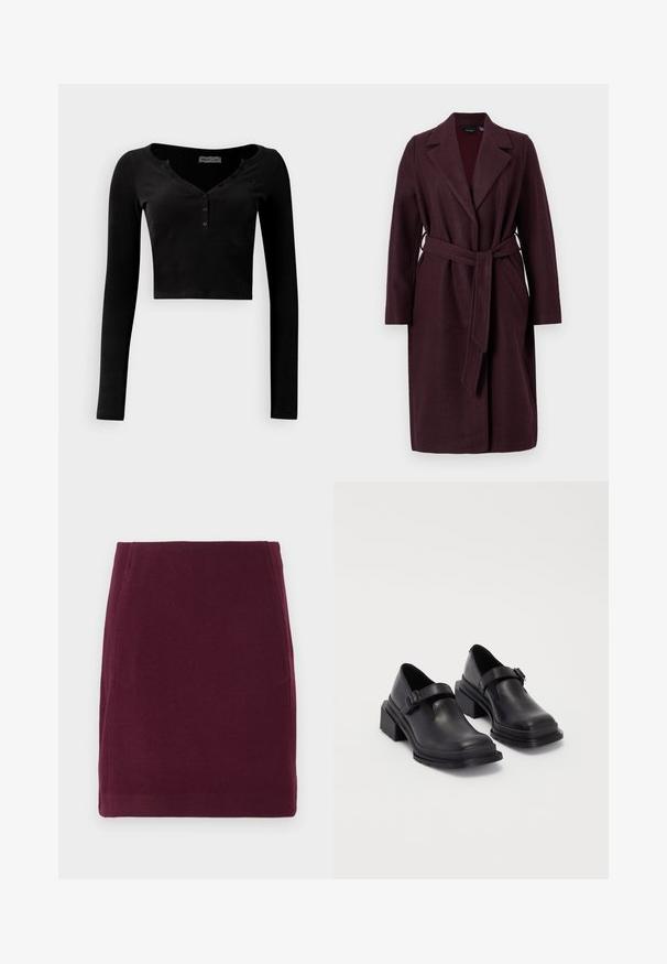 Burgundy gyapjú kabát sálgallérral, hosszú ujjal és azonos anyagú övvel. Oldalsó zsebekkel és egy gombos záródással rendelkezik.; Fekete, ribbed anyagú, cropped hosszú ujjú felső V kivágással és három gombos záródással az elején.; Vero Moda VMFORTUNALLISON SHORT - A-vonalú szoknya - winetasting; Fekete bőr cipők lekerekített orral, lapos talppal és csattal díszített pánttal. Masszív blokk talp a megnövelt stabilitásért.