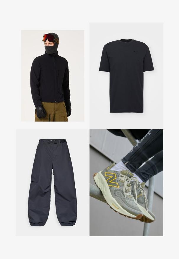 Veste softshell noire avec poches zippées, associée à un cagoule en tricot gris et des lunettes de protection. Des gants texturés complètent le look outdoor.; T-shirt noir en coton à manches courtes avec col rond, featuring un logo discret sur la poitrine et une coupe décontractée.; Pantalons cargo gris foncé en matériau doux et durable. Ils présentent une coupe large et ample, de multiples poches et une ceinture à la taille pour l'ajustement.; Des baskets New Balance gris clair avec un logo "N" jaune, un upper en maille texturée, un système de laçage et une semelle rembourrée de couleur blanc cassé. Détail de la semelle extérieure marron.