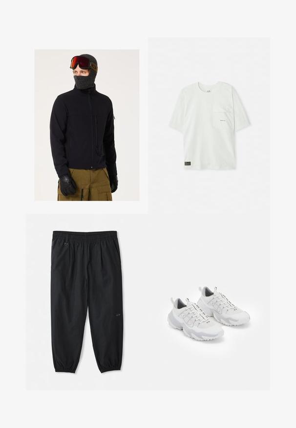 Schwarze Softshell-Jacke mit Reißverschlusstaschen, kombiniert mit einer grauen Strick-Balaclava und einer Schutzbrille. Texturierte Handschuhe runden den Outdoor-Look ab.; Kurzärmliges, hellgrünes T-Shirt aus Baumwolle. Verfügt über eine Brusttasche und ein kleines Logo in der Nähe der Tasche. Weicher Stoff, lässiges Design.; Schwarze, lässige Hose mit elastischem Bund, seitlichen Taschen, elastischen Bündchen an den Knöcheln und einem kleinen Logo am rechten Oberschenkel.; Weiße Sportschuhe mit einem Obermaterial aus Netzgewebe, grauen Akzenten, einer strukturierten Gummisohle und Zuglaschen an der Ferse; verfügt über ein Schnürdesign.