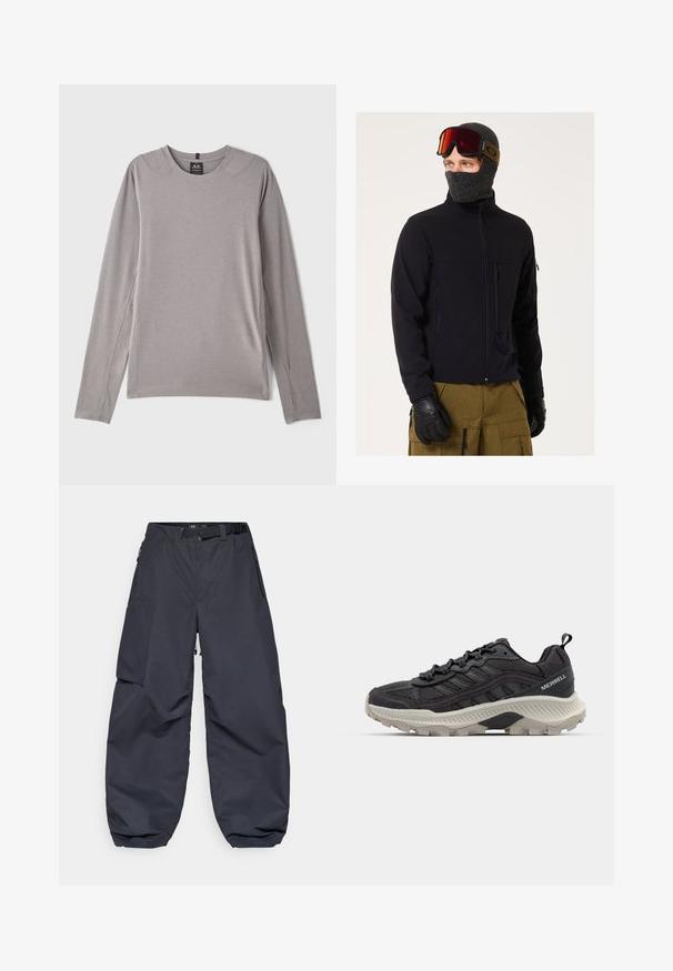 Musta pehmeäkuorinen takki, jossa on vetoketjulliset taskut, yhdistettynä harmaaseen neulottuun balaklavaan ja suojalaseihin. Teksturoidut hanskat viimeistelevät ulkoilmeikin.; Harmaa pitkähihainen paita, jossa on pyöristetty kaula-aukko, sivurei'ät ja sileä, joustava kangas. Minimalistinen muotoilu ilman kuvioita tai koristeita.; Tummanharmaat cargo-housut, jotka on valmistettu pehmeästä ja kestävästä materiaalista. Ne ovat leveät ja avarat, ja niissä on useita taskuja sekä säädettävä vyö.; Musta urheilukenkä, jossa on verkkomateriaali päällisessä, erottuva vaimennus, tekstuuripohja ja heijastavat yksityiskohdat. Varustettu vetotarralla ja nauhakiristyksellä.