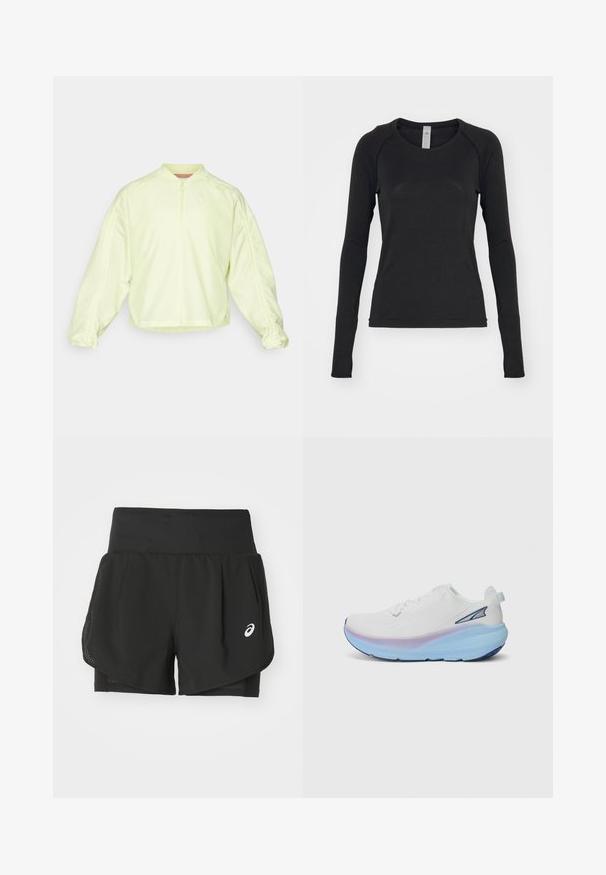 Lichtgele zip-up jas met een hoge kraag, oversized mouwen en elastische manchetten. Heeft subtiele merking op de borst en een zachte textuur.; Zwarte longsleeve shirt, gemaakt van zachte stof. Beschikt over een ronde hals en raglanmouwen met duimgaten bij de manchetten. Minimalistisch ontwerp.; Zwarte sportshorts met een ademende mesh-overlay, binnenshorts met een soepele textuur en een wit logo aan de linkerkant.; Witte hardloopschoen met een textuur in de bovenkant, met een verloopzool in blauwe en paarse tinten, en een klein accentlogo aan de zijkant.