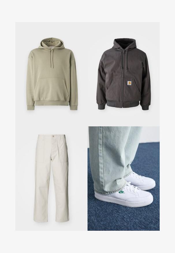 Sweat à capuche zippé gris en coton avec une grande poche avant, des poignets et un ourlet côtelés. Comprend des cordons de serrage sur la capuche et un patch de logo de la marque.; Hoodie vert olive en mélange de coton doux, dotée d'une poche avant, d'une capuche avec cordon de serrage et de poignets et ourlet côtelés. Design simple et décontracté.; Pantalons larges beige clair en coton. Dotés de poches avant et d'une fermeture à bouton. Texture lisse avec de légères lignes verticales.; Baskets en cuir blanc avec logo Nike vert, bout rond, semelle plate, associées à un pantalon en denim bleu clair, présentées sur un tapis bleu.