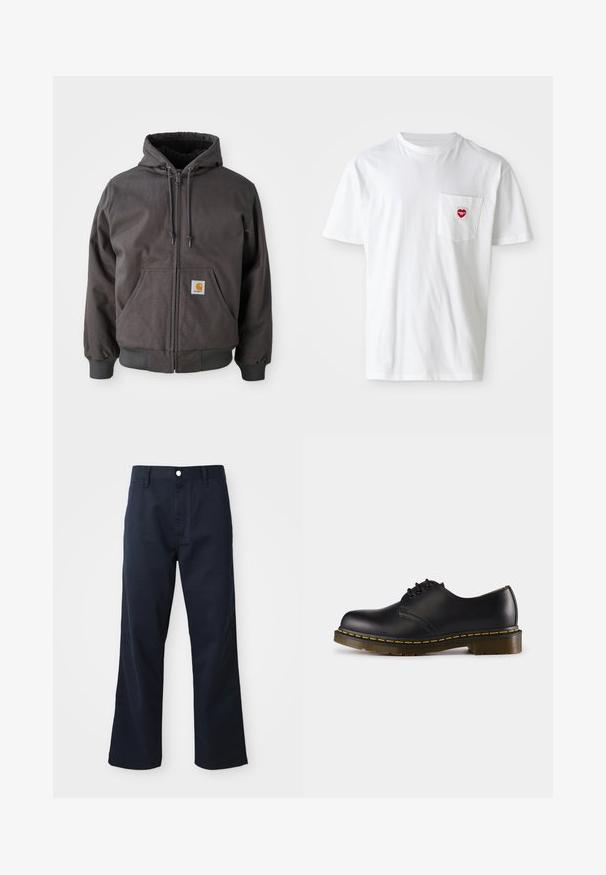 Sweat à capuche zippé gris en coton avec une grande poche avant, des poignets et un ourlet côtelés. Comprend des cordons de serrage sur la capuche et un patch de logo de la marque.; T-shirt en coton blanc avec un col rond et des manches courtes. Présente un petit logo en forme de cœur rouge sur la poche gauche de la poitrine.; Pantalon en coton bleu marine avec une coupe droite, doté d'une fermeture éclair, d'un bouton, et de poches avant. Texture lisse et finition soignée.; Chaussure en cuir noir avec un bout arrondi, design à lacets, couture jaune le long de la semelle et une semelle en caoutchouc texturée et épaisse.