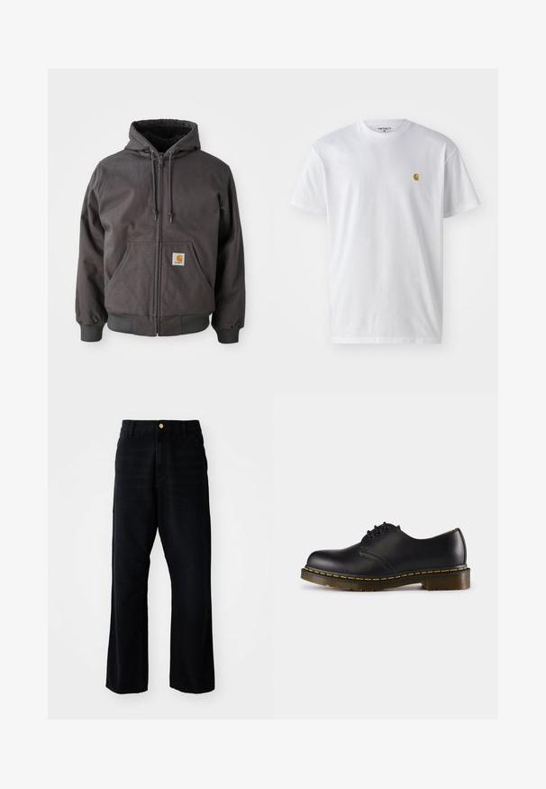 Grijze katoenen zip-up hoodie met een grote voorzak, ribgebreide manchetten en zoom. Voorzien van trekkoorden op de capuchon en een merklogo-opdruk.; Witte katoenen t-shirt met korte mouwen en ronde hals, voorzien van een klein gouden logo op de linkerkant van de borst. Zachte textuur en een normale pasvorm.; Zwarte denim broeken met een relaxed fit, voorzien van een gouden knoop, vijf-pocket ontwerp en rechte pijpen. Glad materiaal.; Zwarte leren schoen met een ronde neus, vetersluiting, gele stiksels langs de zool en een stevige, geprofileerde rubberen buitenzool.