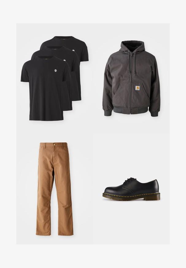 Grå bomull zip-up hettegenser med en stor frontlomme, ribbestrikkede mansjetter og kant. Har snorer på hette og merke-logo-patch.; Tre svarte bomull t-skjorter med rund hals, korte ermer og en liten hvit logo på venstre bryst. Glatt tekstur og normal passform.; Brune rette bukser med bæltestropper, frontlommer, knaplukning og lynlås på en hvid baggrund.; Sorte skinnsko med rund tå, snøringsdesign, gul søm langs sålen og en kraftig, teksturert gummisåle.